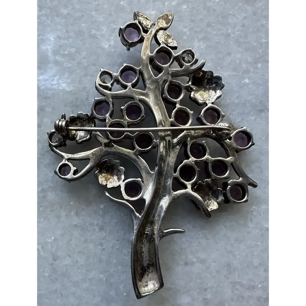Sterling 925 Stamp Tree Of Life Brooch Possible Amethyst Stones Pin Clasp